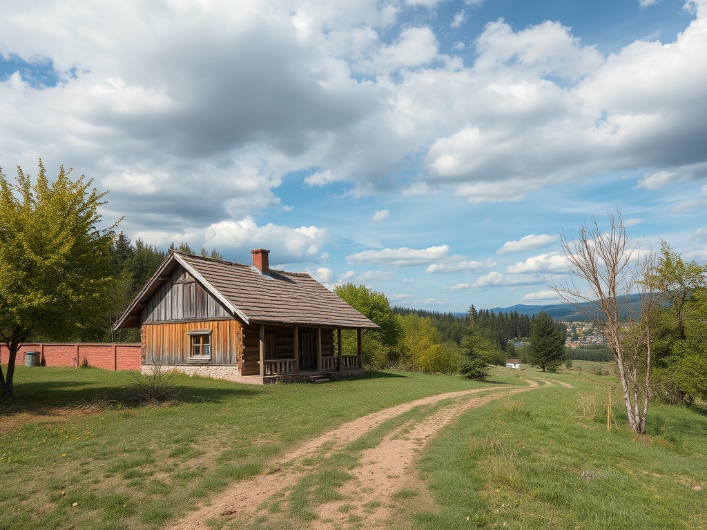 Уютный деревянный дом на фоне живописного пейзажа с облачным небом и зелеными холмами.