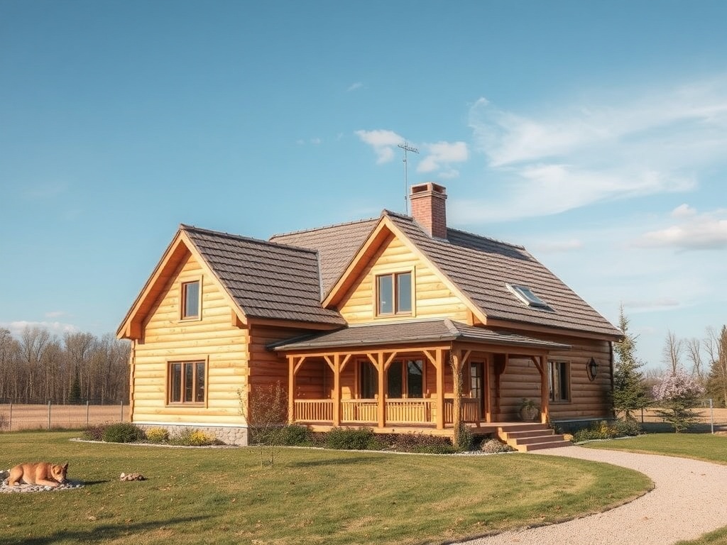 Деревянный дом с мансардой и верандой, окруженный зеленым газоном и деревьями на фоне ясного неба.