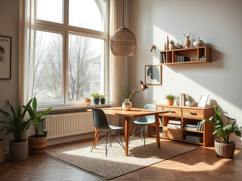 Светлая комната с деревянной мебелью, растениями и большими окнами, наполненными естественным светом.