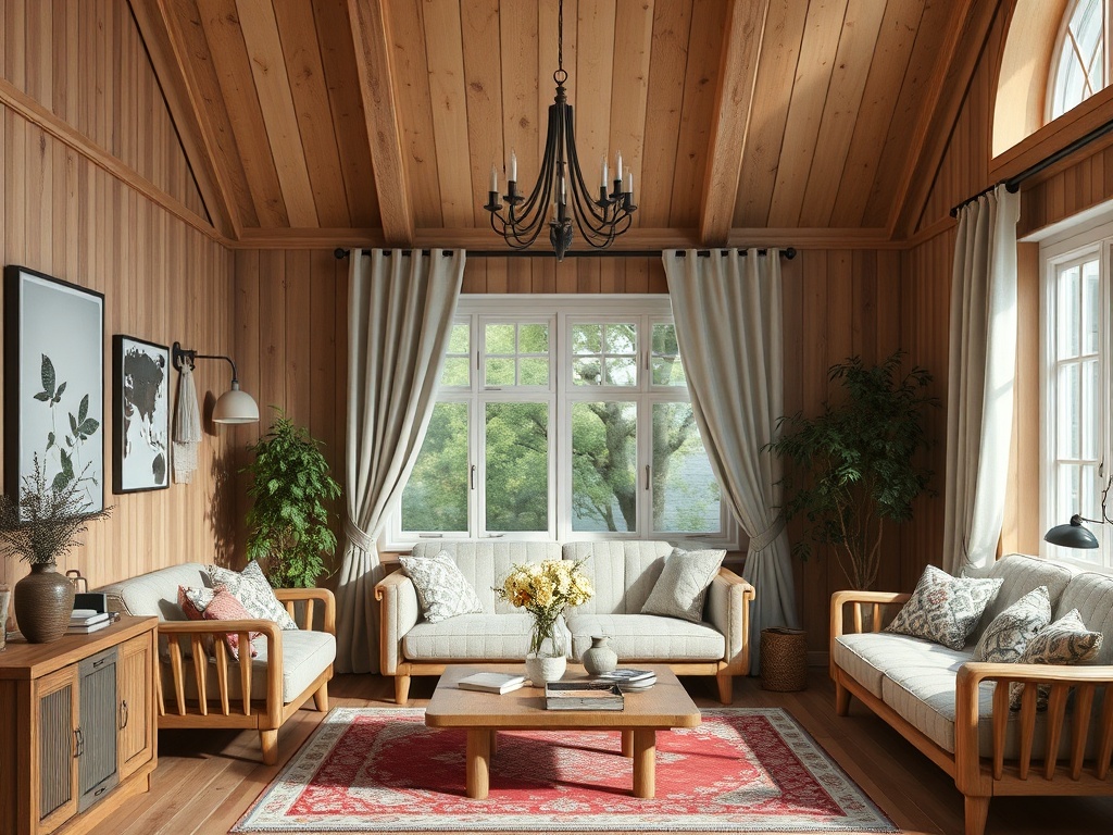 Современный уютный салон с деревянными стенами, мягкой мебелью и большими окнами, наполненный светом.