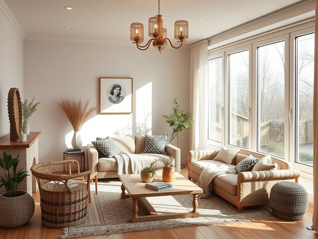 Светлая гостиная с уютной мебелью, большими окнами и растениями. Стильный интерьер с элементами натурального древесины.