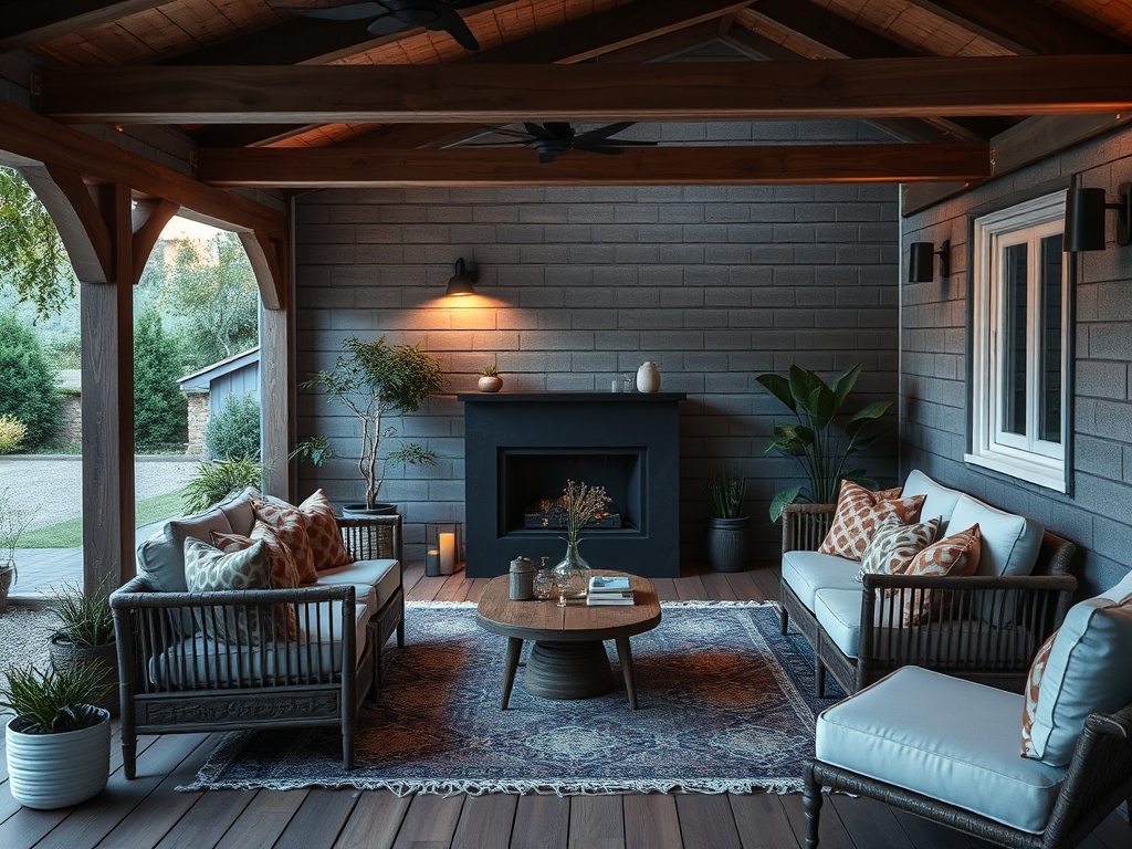 Уютная веранда с диванами, столиком и камином, окруженная зелеными растениями и мягким светом.