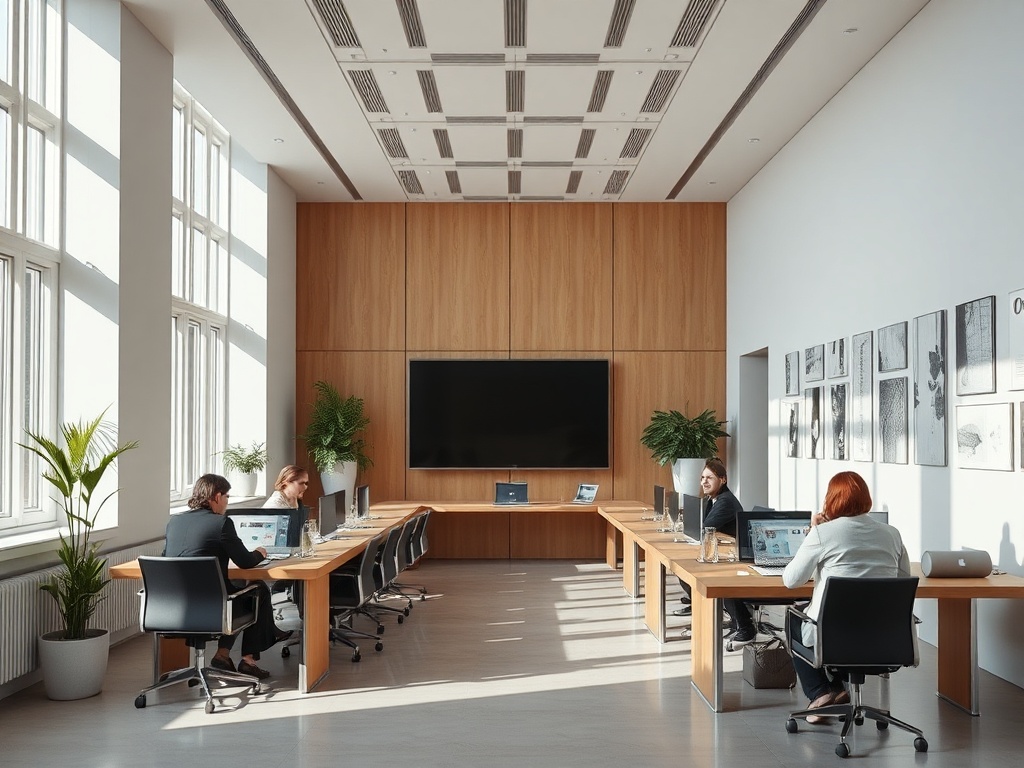 Современный офис с рабочими столами, компьютерами и большими окнами, наполненный светом и зеленью.