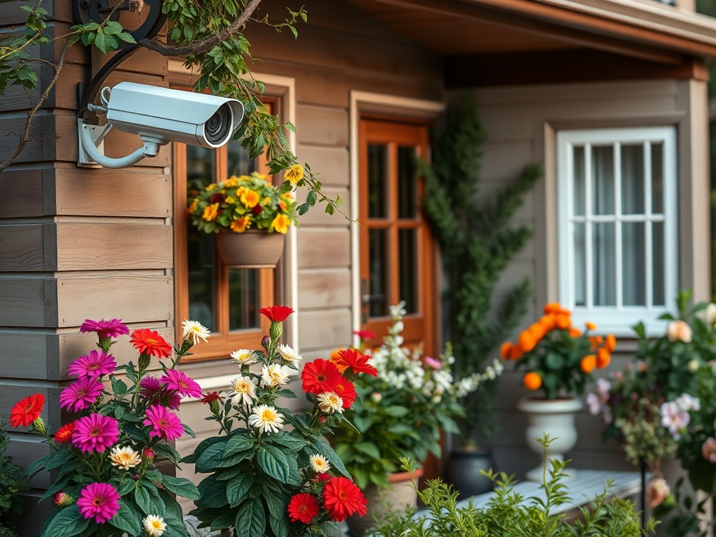 Красивая дача с цветами и видеокамерой, установленной на стене, украшенной зеленью.