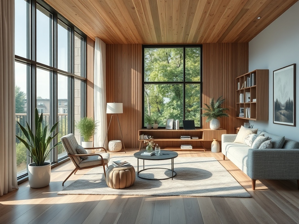 Современная гостиная с большими окнами, растениями и уютной мебелью, освещенная естественным светом.