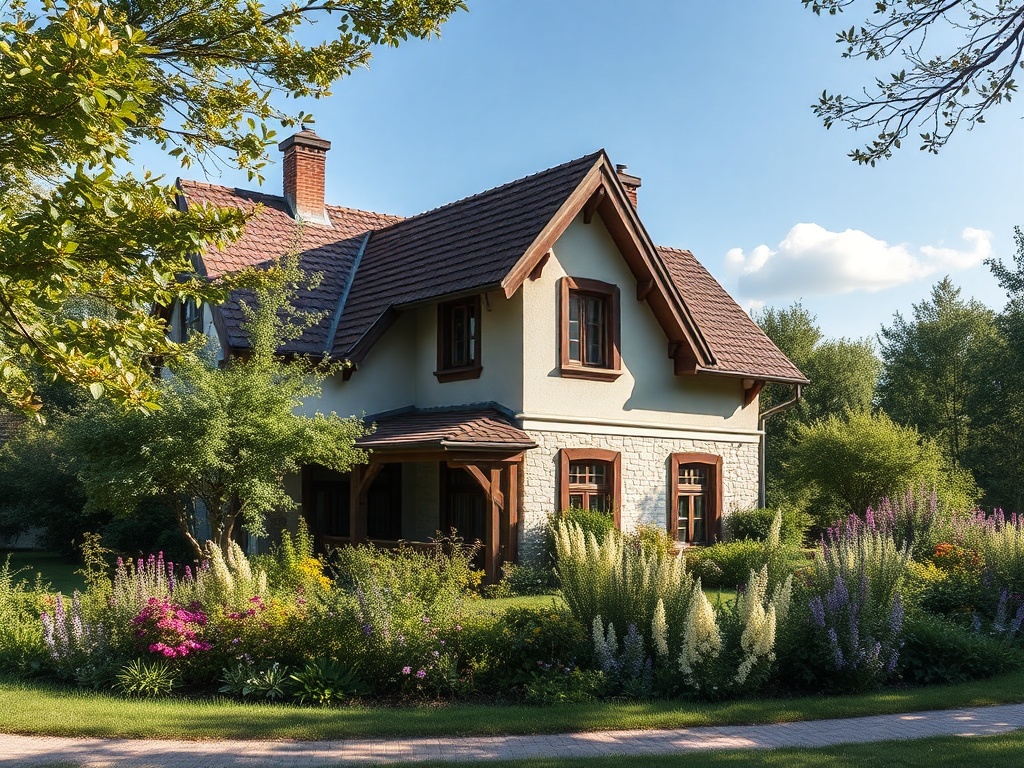 Загородный дом с красивым садом, цветами и деревьями на фоне ясного неба. Спокойная и уютная атмосфера.