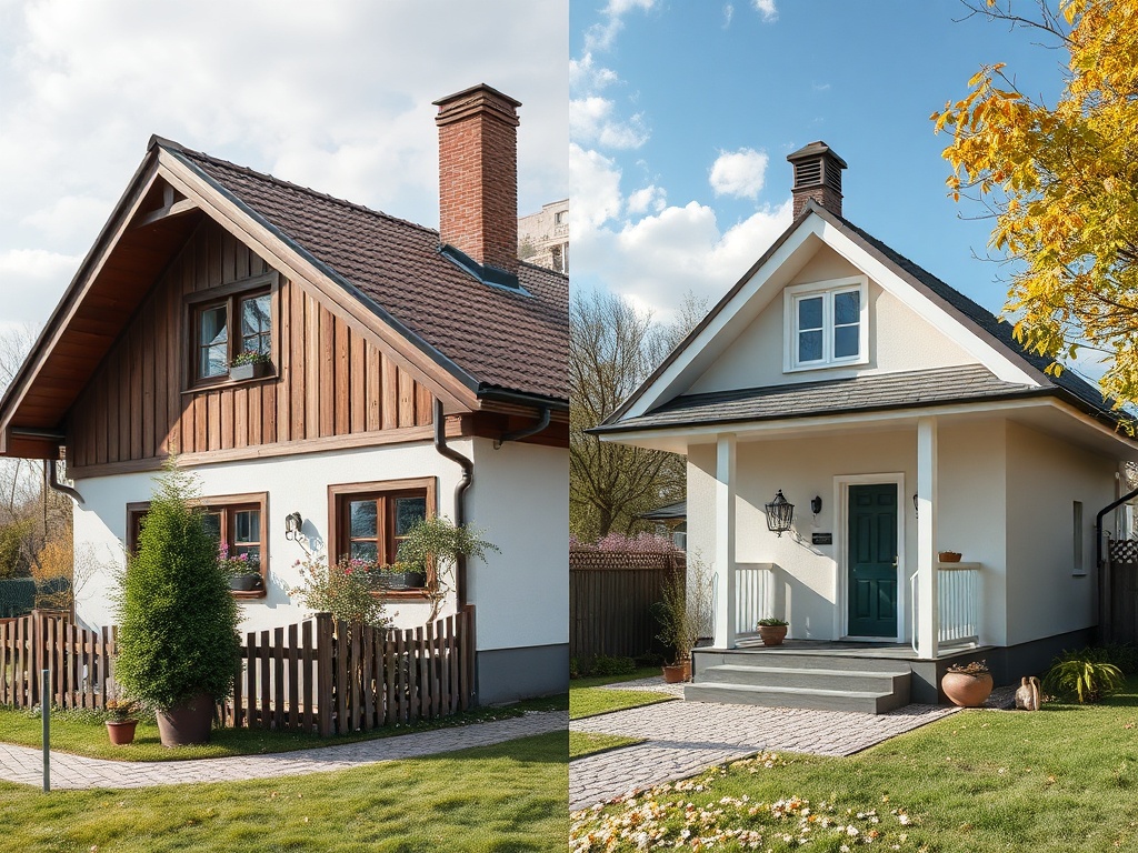 Два дома в одном стиле: слева – деревянный, справа – современный с зелеными дверями и ухоженным участком.