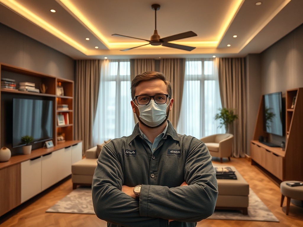 Мужчина в медицинской маске стоит в современном интерьере гостиной с большим окном и светлыми шторами.