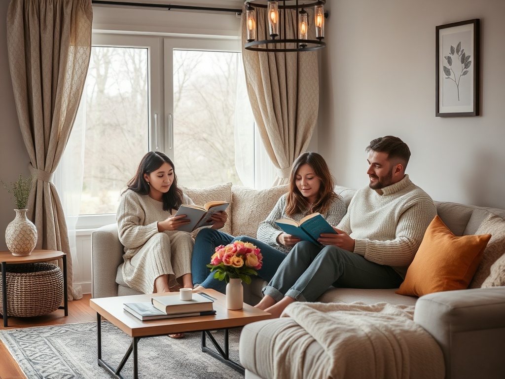 Трое друзей сидят на диване в уютной комнате и читают книги, беседуя друг с другом.