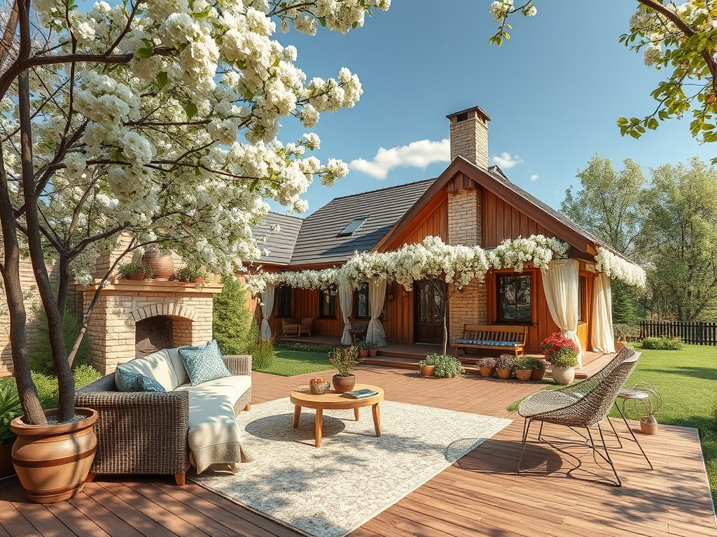 Уютный дом с цветущими деревьями и террасой, обставленной мягкой мебелью и зелеными растениями.