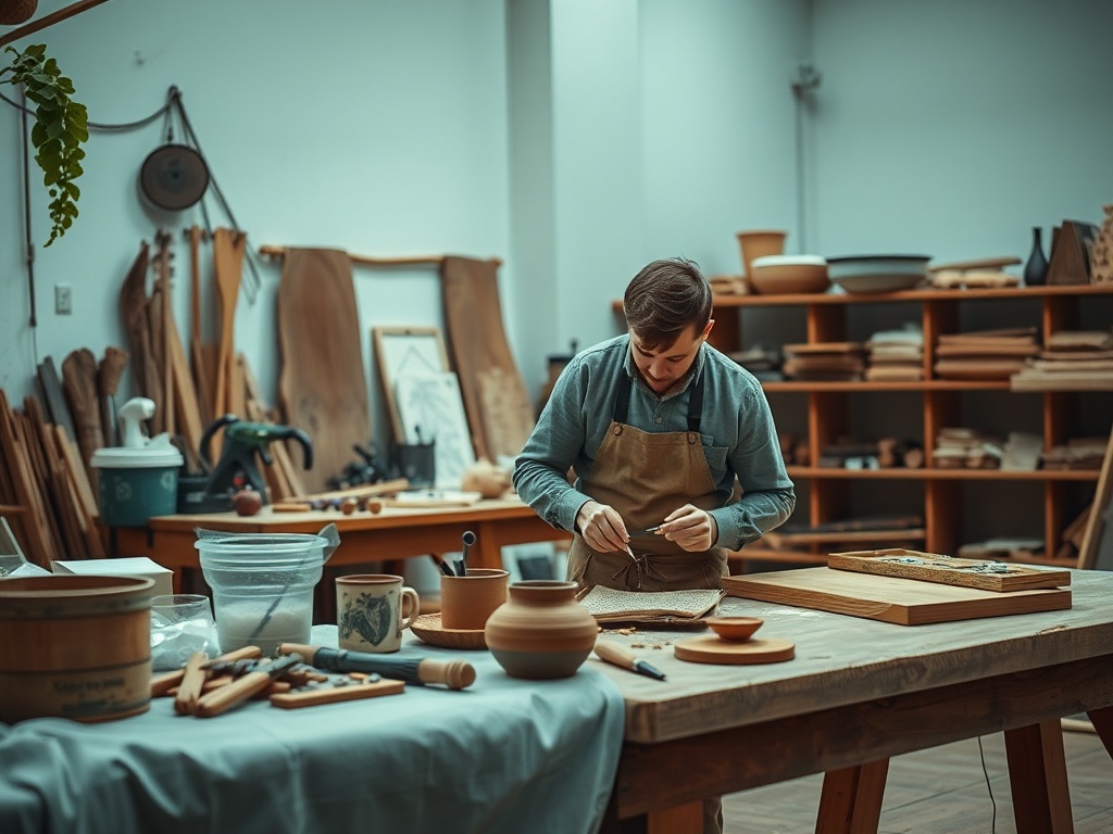 Мужчина работает в мастерской, окруженной инструментами и материалами для резьбы по дереву.