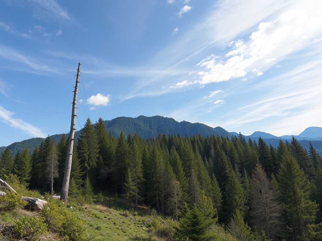 На фоне гор возвышаются деревья, среди которых стоит наклонившееся дерево под голубым небом.