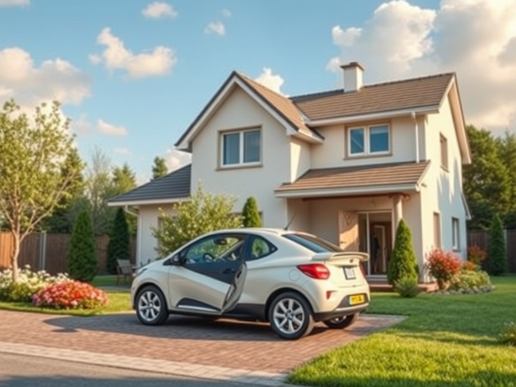 Элегантный дом с садом и автомобилем на фоне ясного неба и зелени. Двор оформлен цветами и зелеными растениями.