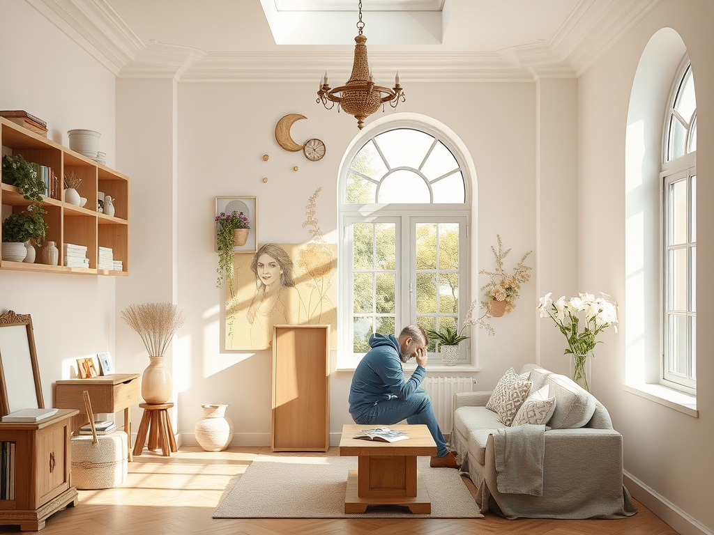 В комнате с большим окном мужчина в синем сидит на диване, погруженный в мысли. Светлая, уютная обстановка.