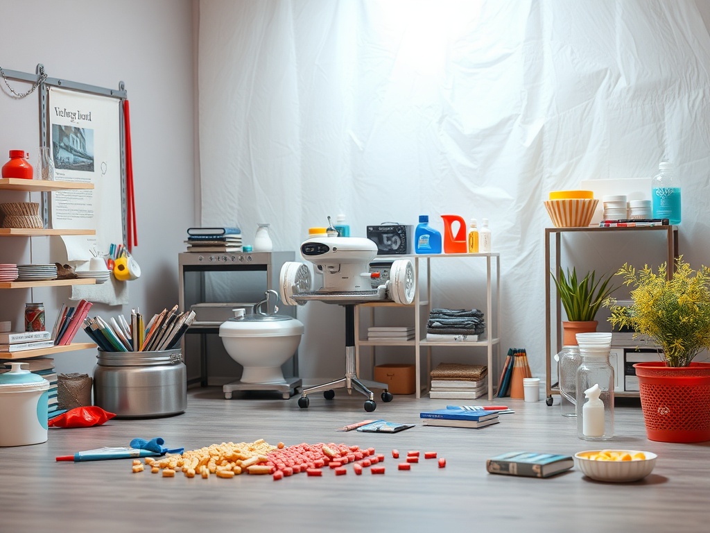 Комната с мебелью, канцтоварами и предметами для творчества, разбросанными по полу и полкам.