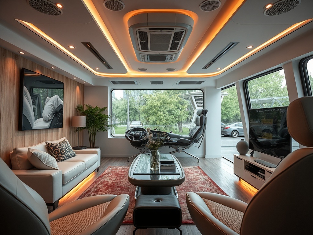 Современный интерьер автомобиля с комфортной мебелью, ярким освещением и большими окнами.