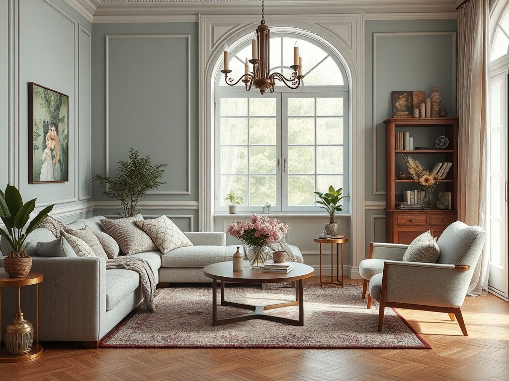 Современный уютный интерьер гостиной с мягкой мебелью, цветами и светлым, спокойным освещением.