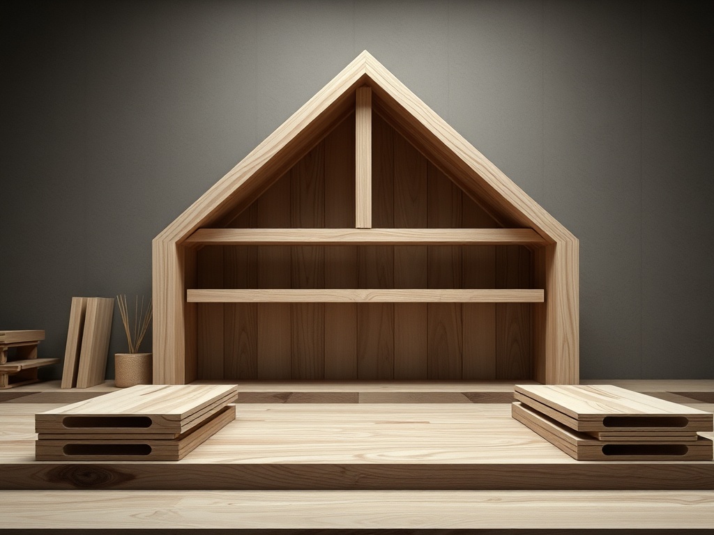 Современная деревянная полка в виде домика, окруженная деталями интерьера из дерева.