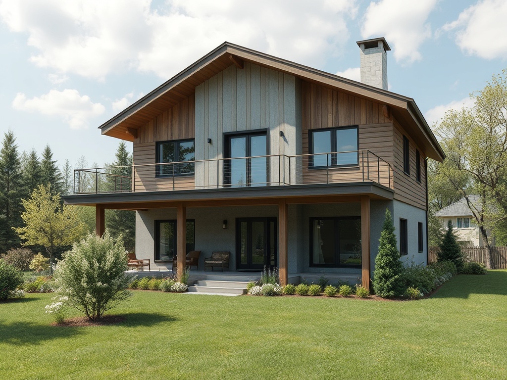 Современный дом из дерева и бетона с балконом на фоне зелёного сада и неба с облаками.