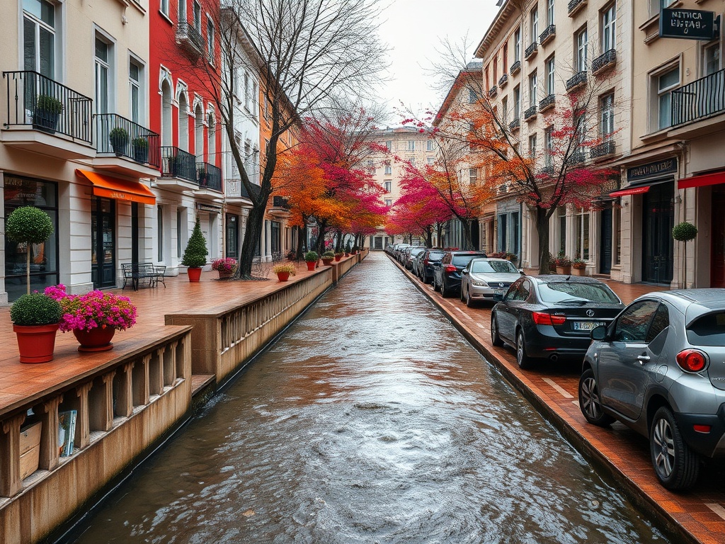 Улица с автомобилями и яркими деревьями, отражающимися в канале после дождя. Осень, дождливый день.