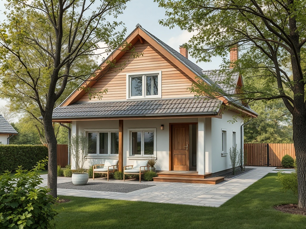 Современный дом с деревянным фасадом, зелеными деревьями и ухоженным садом на солнечном участке.