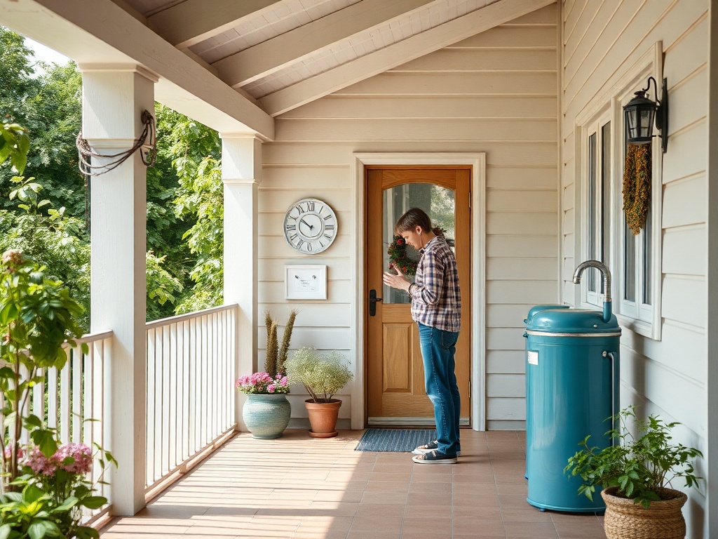 Молодой человек стоит на веранде, смотрит на телефон, рядом с дверью и зелеными растениями. Часы на стене.