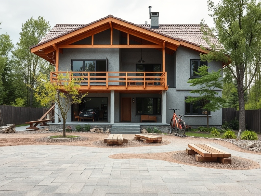 Современный дом с деревянным балконом, велосипедом и ландшафтным дизайном на ухоженном участке.