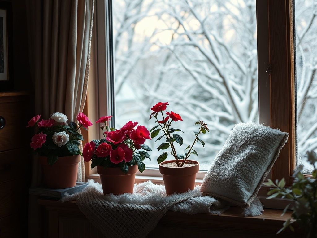 На подоконнике стоят цветы: розовые и белые, за окном снег и зимние деревья. Теплый плед рядом.