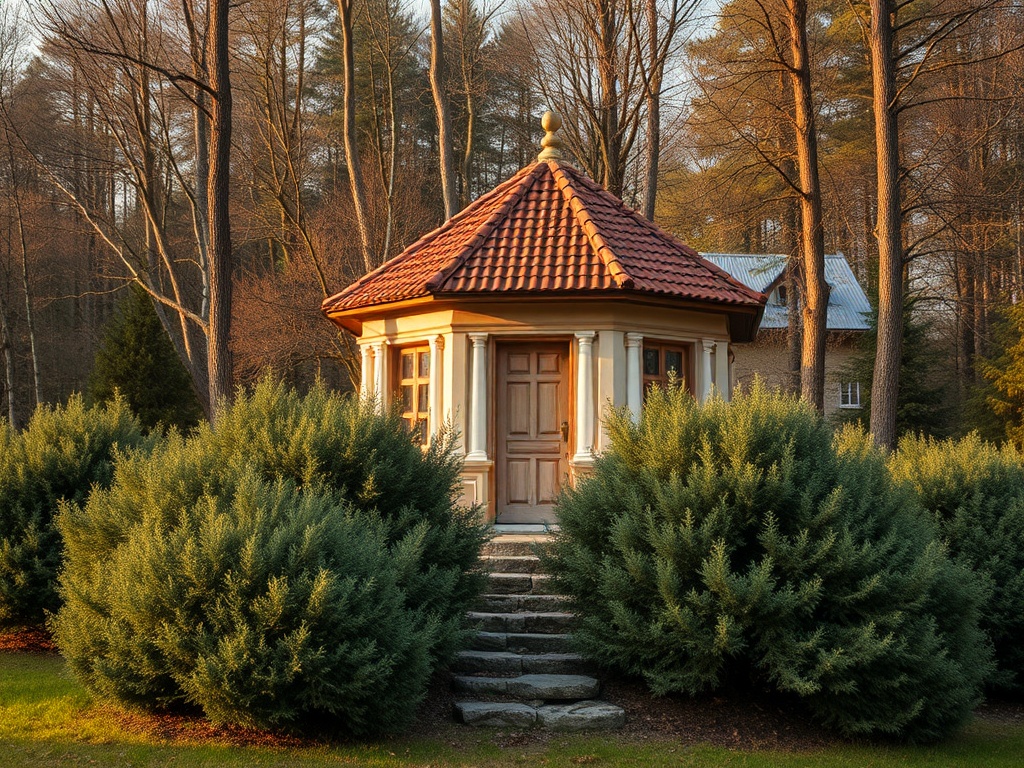 Небольшая беседка с черепичной крышей, окруженная зелеными кустами, на фоне леса и мягкого света заката.