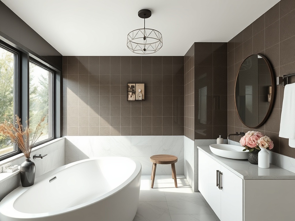 Современная ванная комната с ванной, раковиной, зеркалом и большими окнами, наполненная светом.