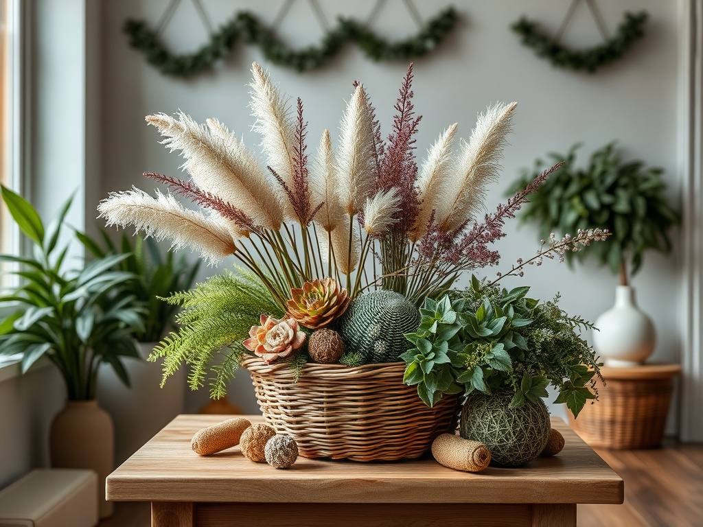 Букет из сухих цветов и зелени, оформленный в плетеной корзине на столе в уютном интерьере.