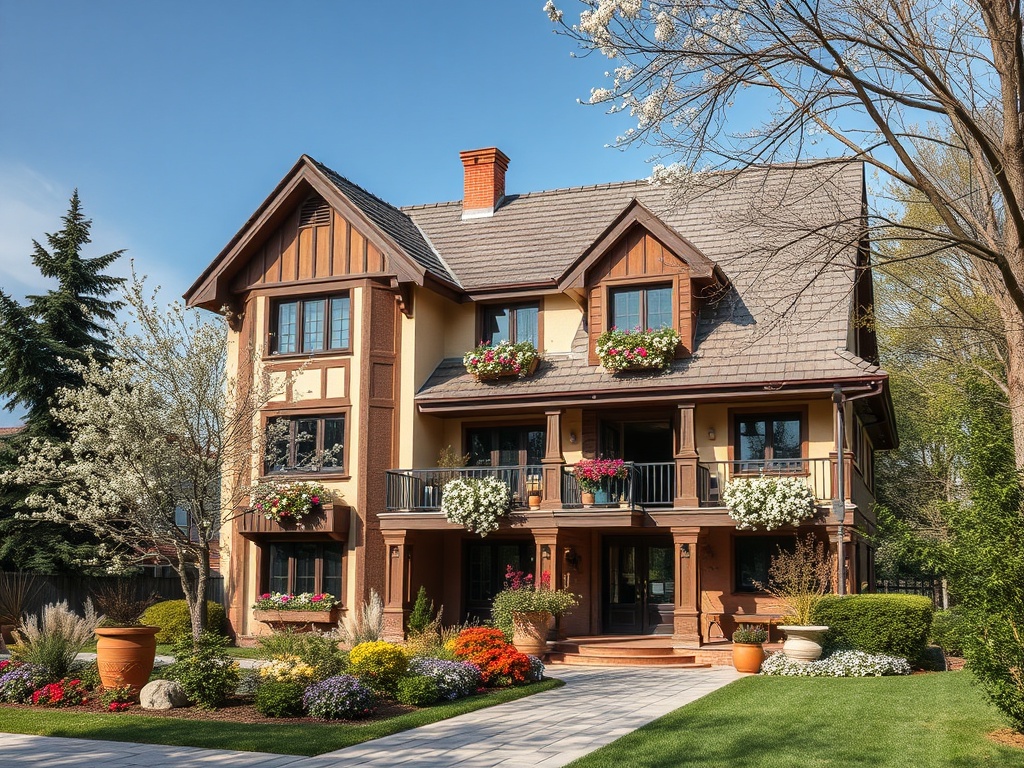 Красивый дом с цветами на балконах, окруженный ухоженным садом и зелеными деревьями под голубым небом.
