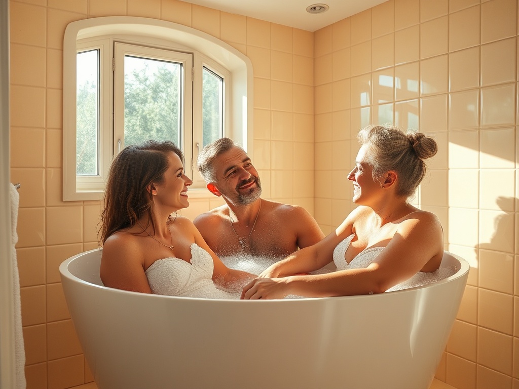 Трое людей сидят в ванной, наполненной пеной, общаясь и наслаждаясь временем вместе при солнечном свете.