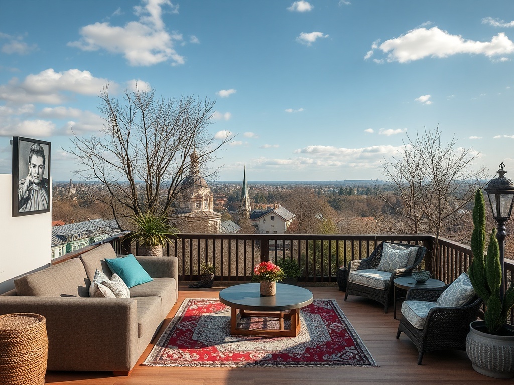 Уютная терраса с мебелями, ковром и красивым видом на город и небо с облаками.