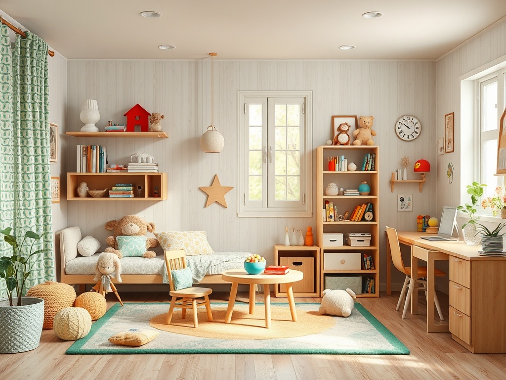Современная детская комната с уютной мебелью, игрушками и рабочим столом у окна. Светлая и радостная атмосфера.